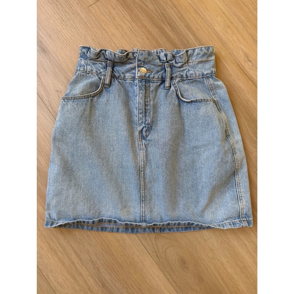 HM Divided Blue Denim Paperbag Mini Skirt High Waisted Light Wash Size 6
